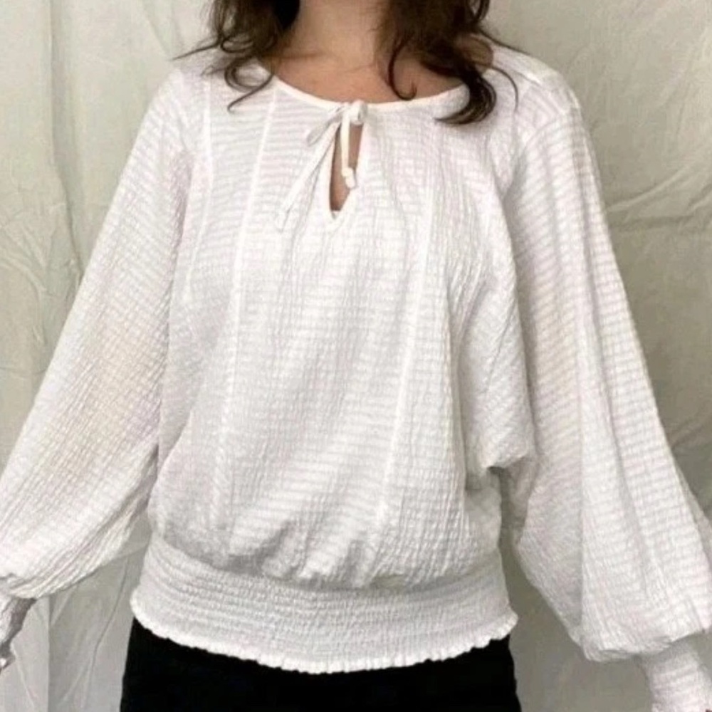 ANTHROPOLOGIE White Long Sleeve Rebecca Smocked Top - Picture 6 of 11